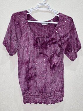 Avenue Purple Tie Dye Sequins Boho Peasant Top – Size 14/16